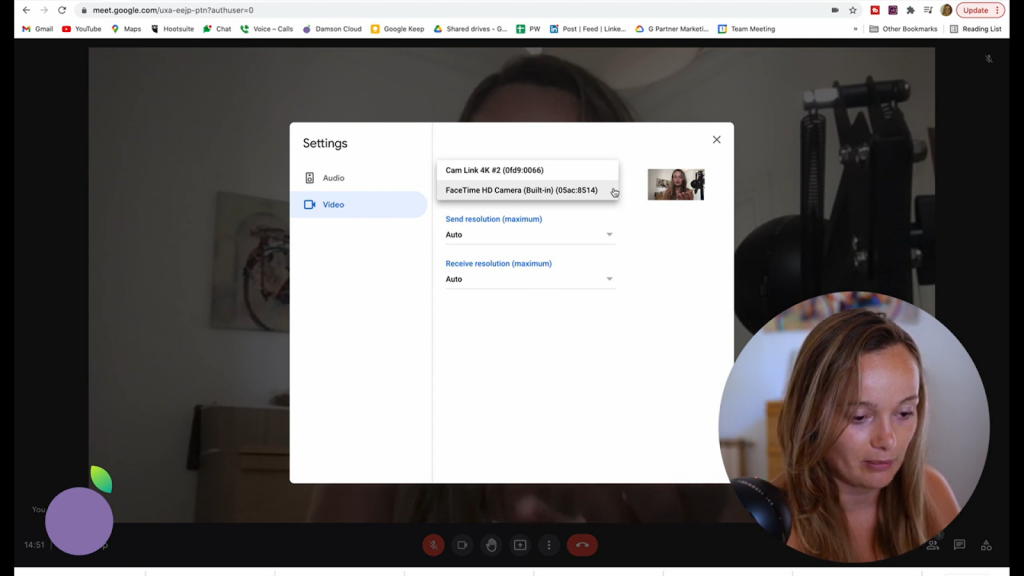 screenshot of Google Meet video settings