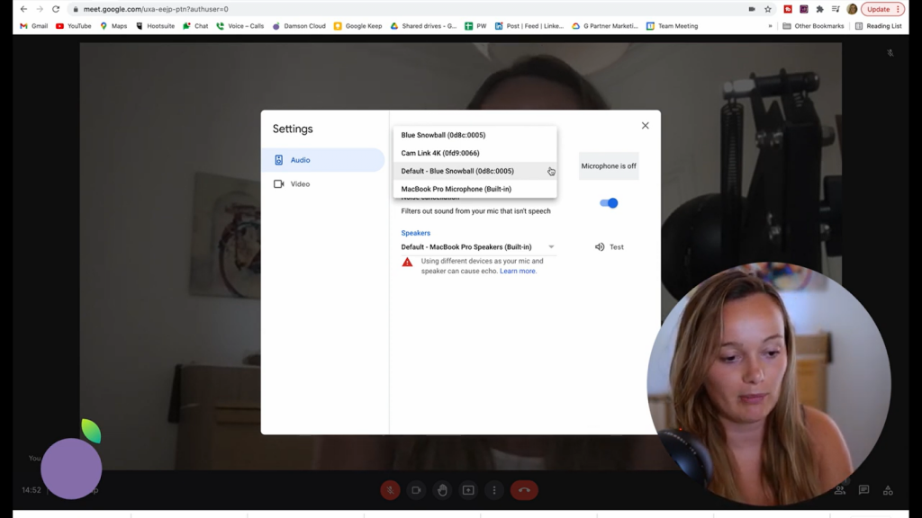 screenshot of Google Meet audio settings