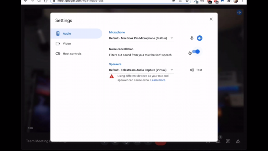 new google meet interface audio and video window